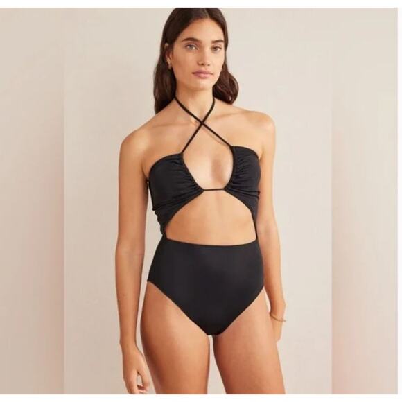 Boden Women's Sz 14 US Black Cut Out Detail String One Piece Swimsuit  Halter - Picture 1 of 8